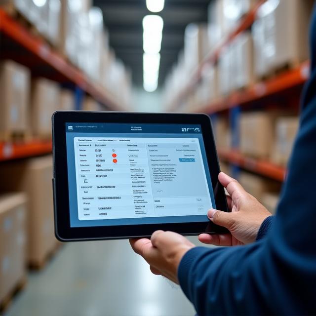 Warehouse staff using digital inventory tablet