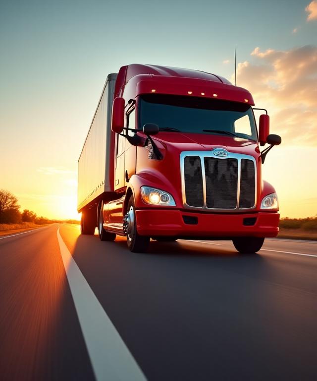 Heavy duty freight truck on a highway at sunrise