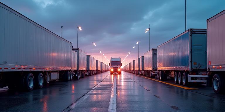Fleet of modern transport trucks parked at a terminal